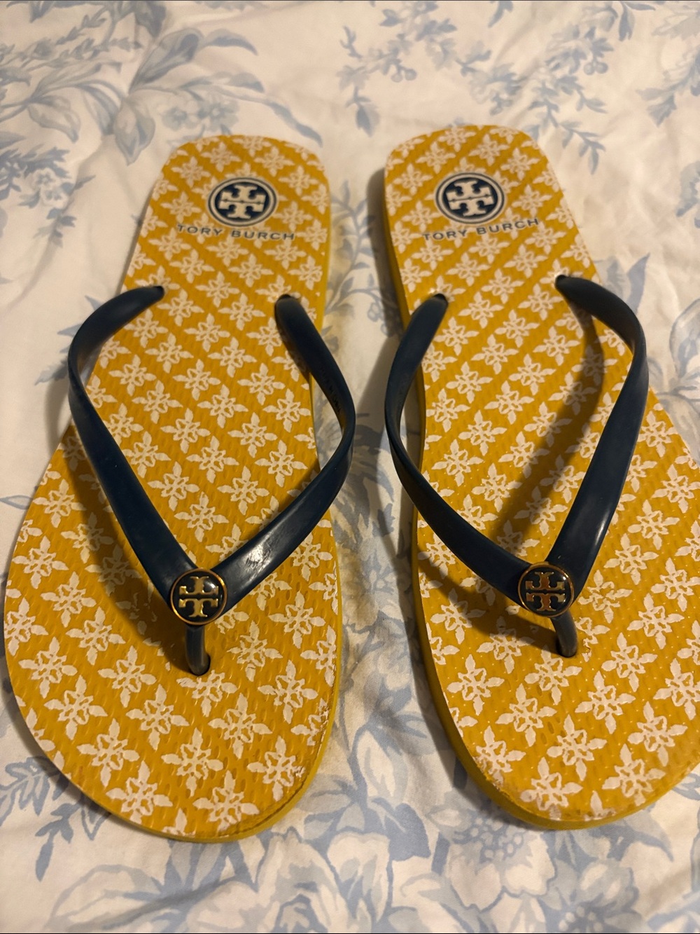 Tory Burch Yellow Patterned Flip Flops with Navy Straps